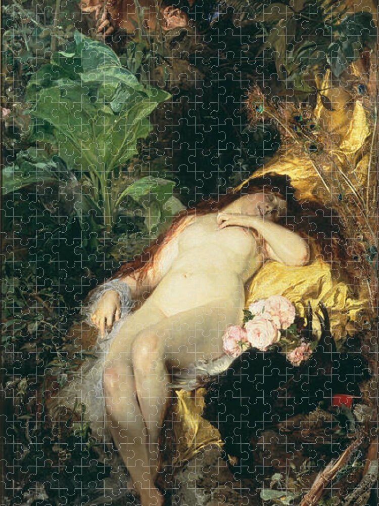 Julius Kronberg Jigsaw Puzzle featuring the painting Nymph and Fauns #1 by Julius Kronberg