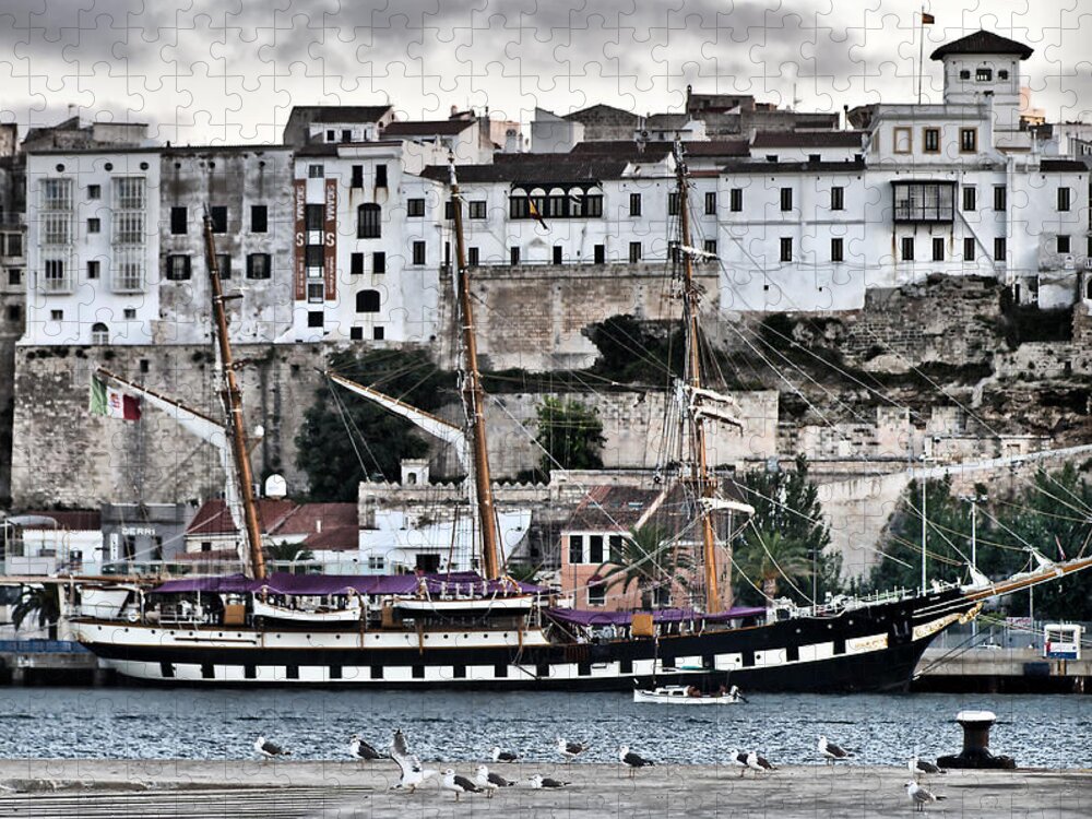 Hdr Jigsaw Puzzle featuring the photograph Old port Mahon and Italian sail training vessel Palinuro hdr #1 by Pedro Cardona Llambias