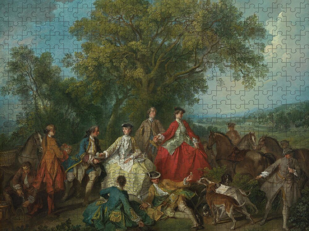 Nicolas Lancret Jigsaw Puzzle featuring the painting Picnic After The Hunt #1 by Nicolas Lancret