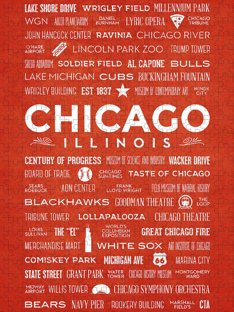 Chicago Jigsaw Puzzle featuring the digital art Places of Chicago on Orange Chalkboard by Christopher Arndt