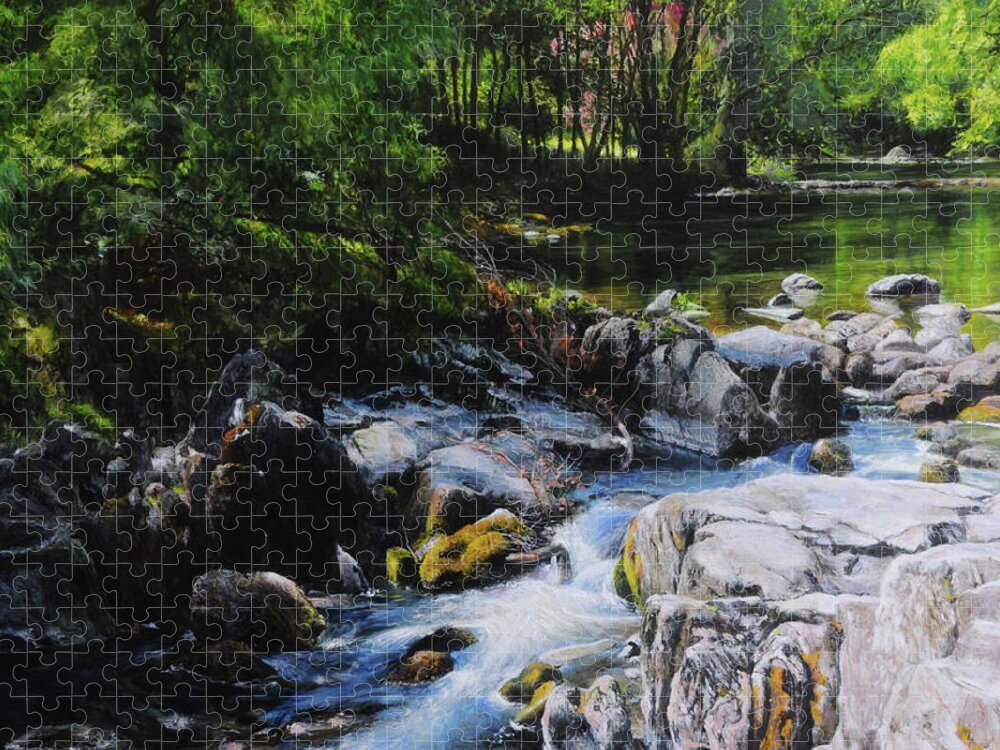 Landscape Jigsaw Puzzle featuring the painting River in Wales by Harry Robertson