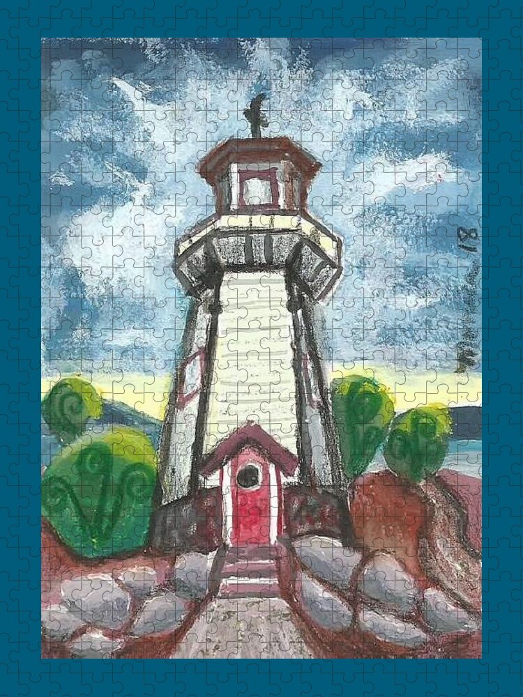 Lighthouse Jigsaw Puzzle featuring the painting River Rouge Memorial Lighthouse by Monica Resinger