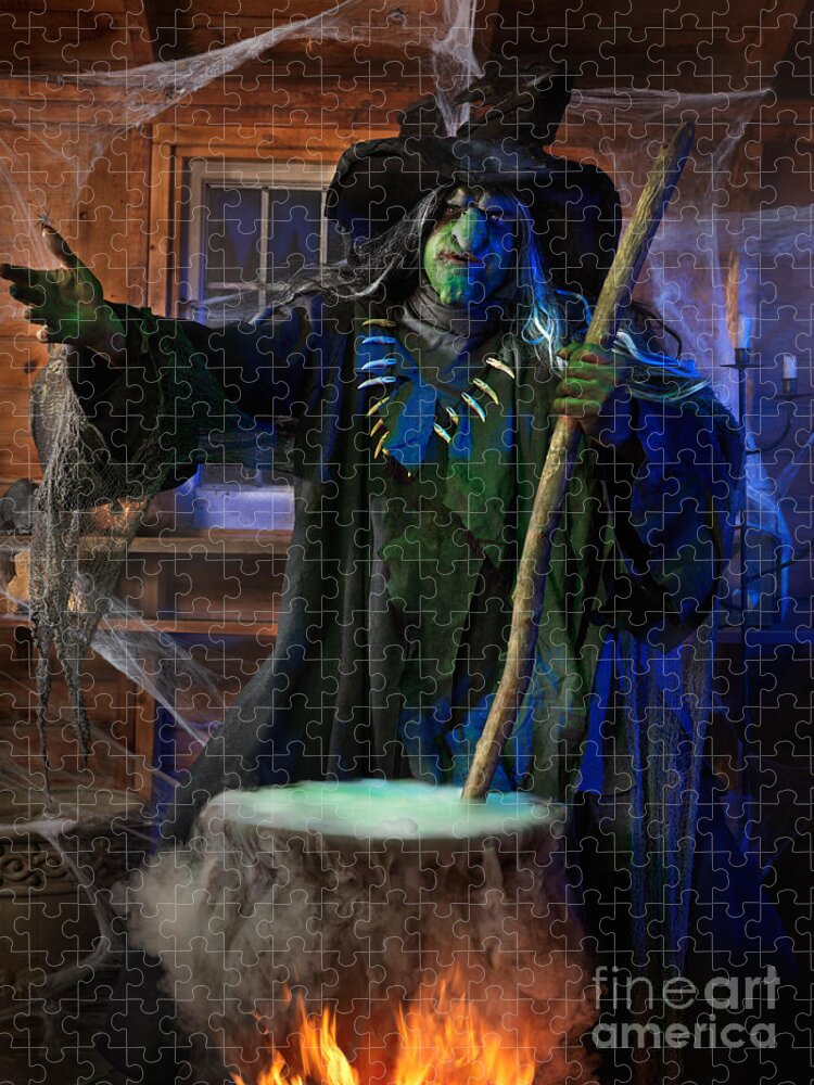 Witch Jigsaw Puzzle featuring the photograph Scary Old Witch with a Cauldron #1 by Maxim Images Exquisite Prints