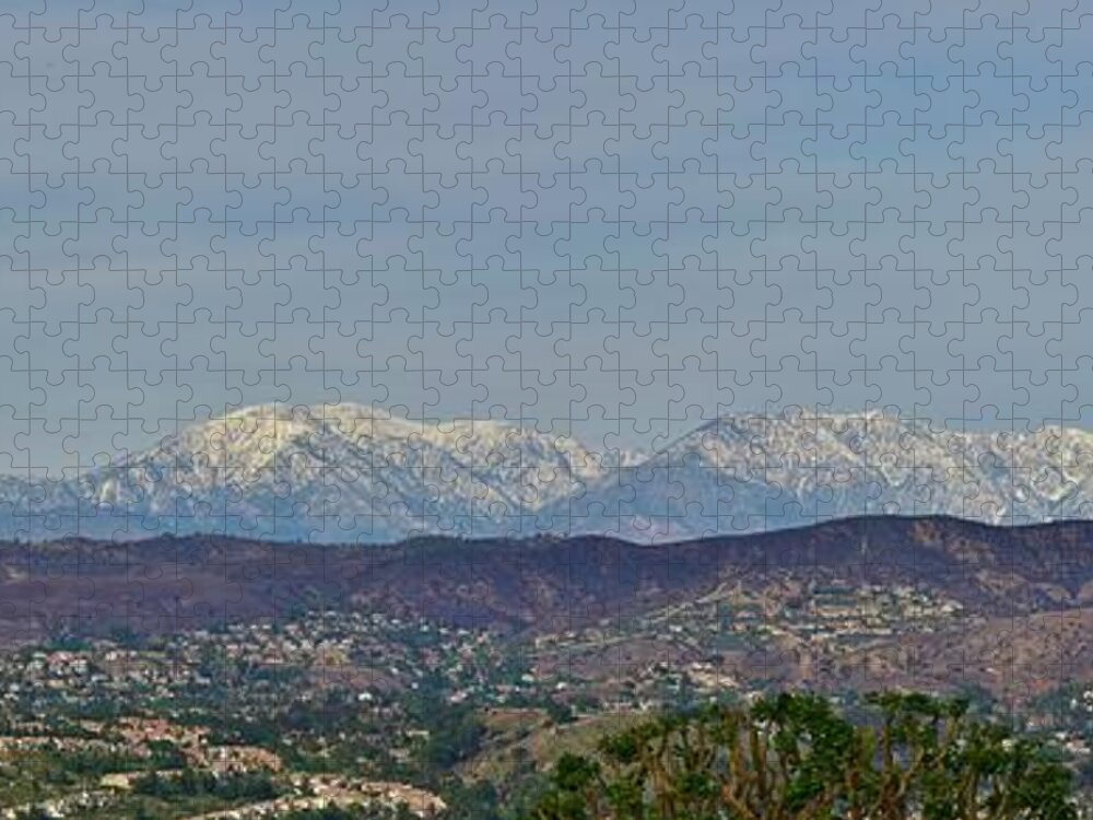Linda Brody Jigsaw Puzzle featuring the photograph Snow Capped San Gabriel Mountains Panorama 1 by Linda Brody