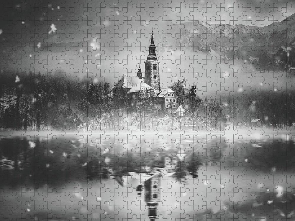 Lake Bled Jigsaw Puzzle featuring the photograph Snowing Over Lake Bled #1 by Mountain Dreams