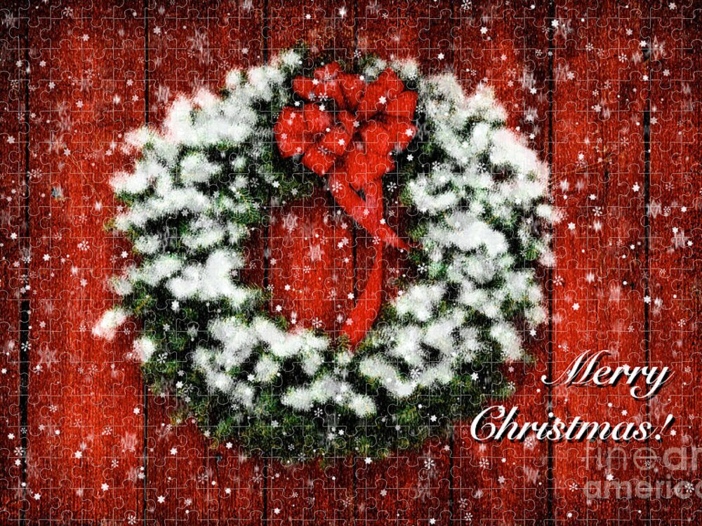 Christmas Card Jigsaw Puzzle featuring the photograph Snowy Christmas Wreath Card by Lois Bryan