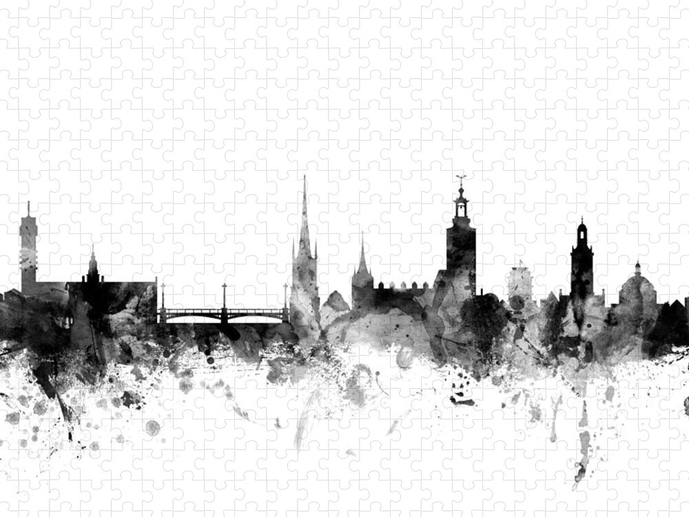 Sweden Jigsaw Puzzle featuring the digital art Stockholm Sweden Skyline #1 by Michael Tompsett