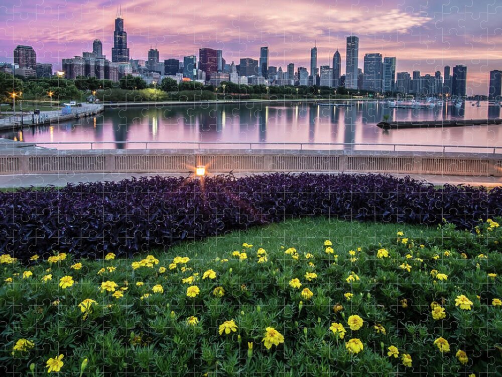 Monroe Harbor Jigsaw Puzzle featuring the photograph summer flowers and Chicago skyline #1 by Sven Brogren