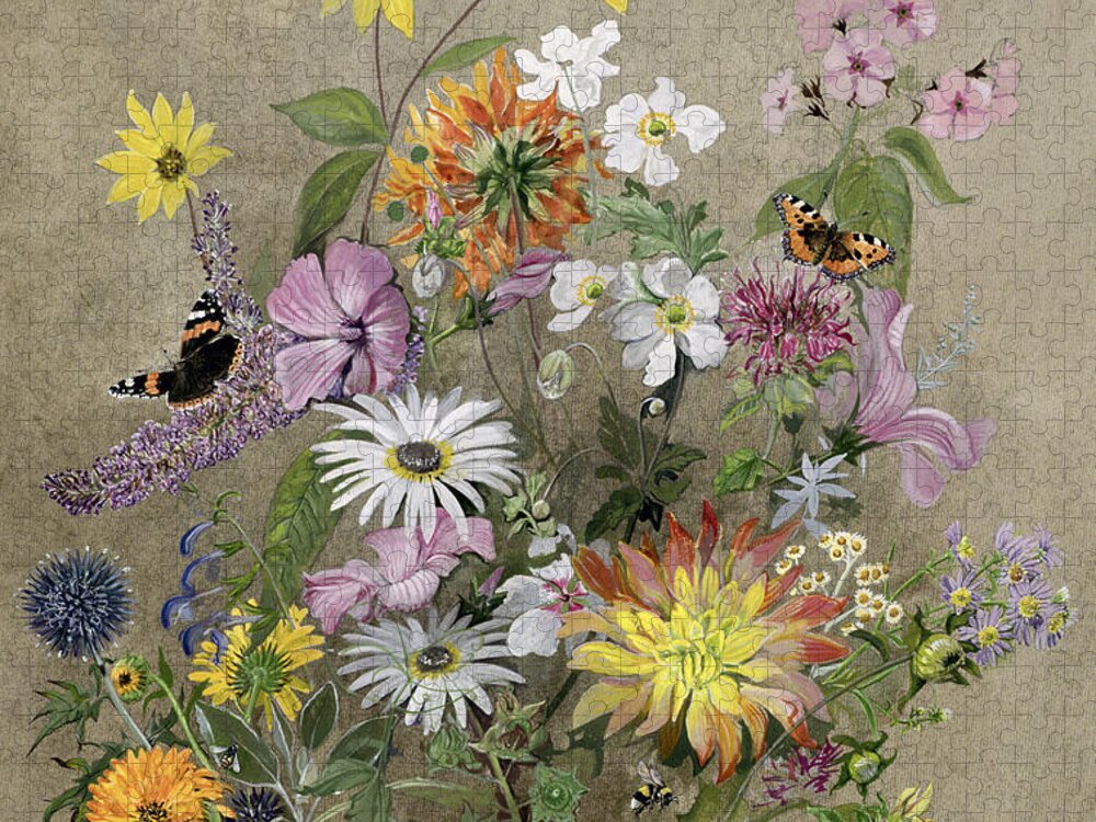 Red Admiral; Butterfly; Daisy; Sweet; Pea; Narcissus; Jigsaw Puzzle featuring the painting Summer Flowers by John Gubbins