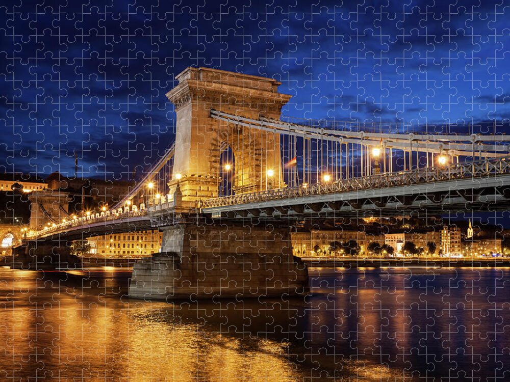 Chain Jigsaw Puzzle featuring the photograph Szechenyi Chain Bridge in Budapest at Night #1 by Artur Bogacki