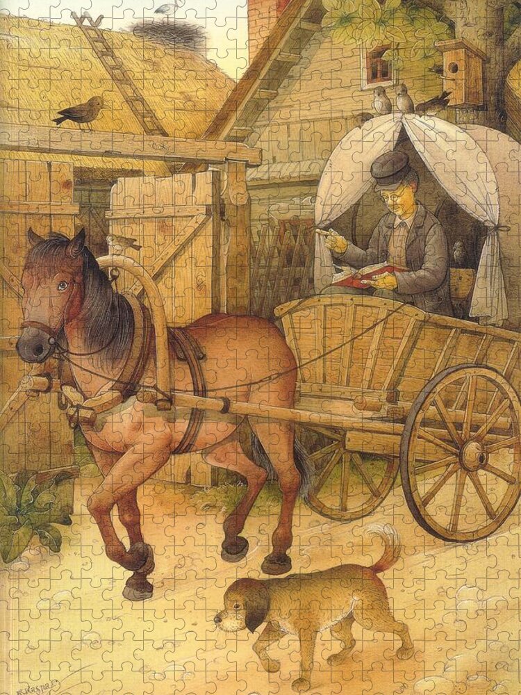 Books Horse Dog Village Brown Jigsaw Puzzle featuring the painting The Bookman #2 by Kestutis Kasparavicius