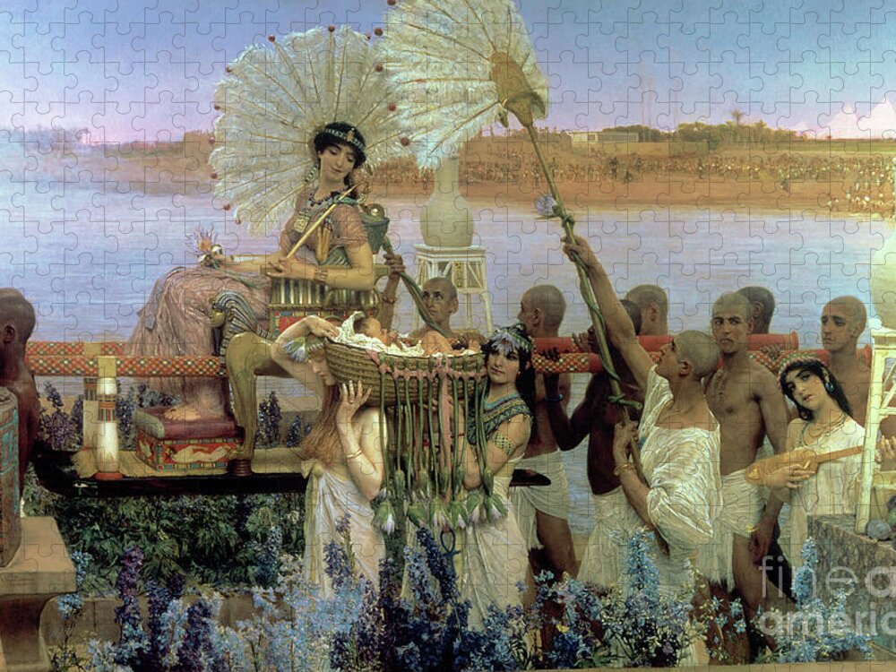 The Finding Of Moses By Pharaoh's Daughter Jigsaw Puzzle featuring the painting The Finding of Moses by Lawrence Alma Tadema