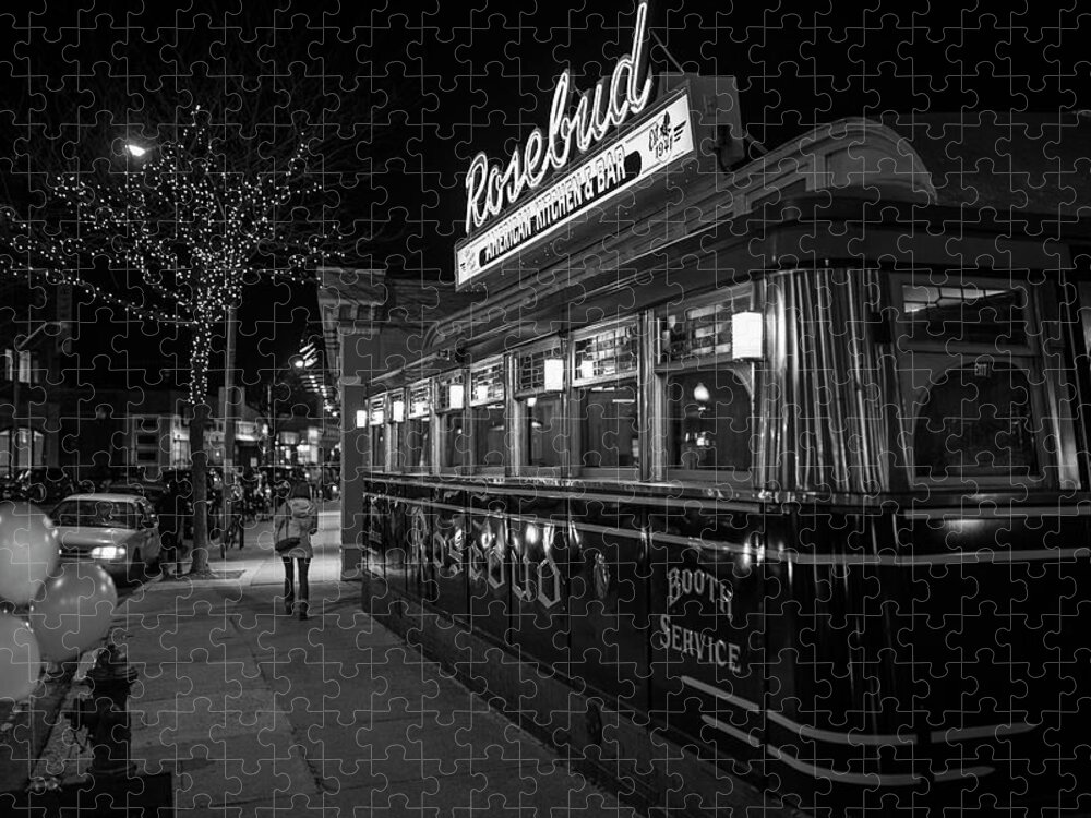 Rosebud Jigsaw Puzzle featuring the photograph The Rosebud Diner Davis Square Somerville MA Balloons Black and White by Toby McGuire