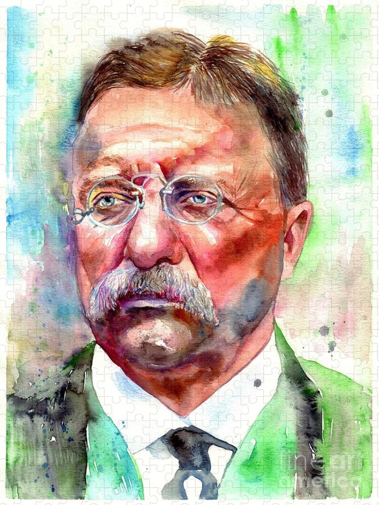 Theodore Roosevelt Jigsaw Puzzle featuring the painting Theodore Roosevelt watercolor portrait by Suzann Sines