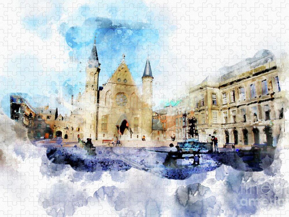 Netherlands Jigsaw Puzzle featuring the digital art Town Life In Watercolor Style #2 by Ariadna De Raadt