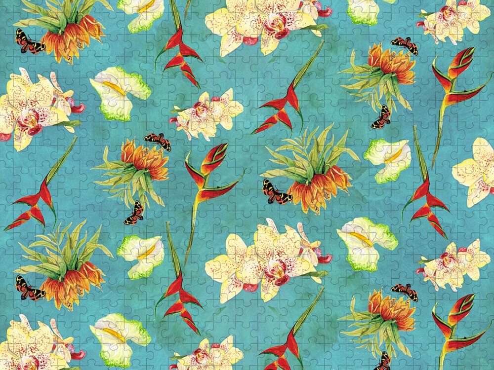 Orchid Jigsaw Puzzle featuring the painting Tropical Island Floral Half Drop Pattern by Audrey Jeanne Roberts