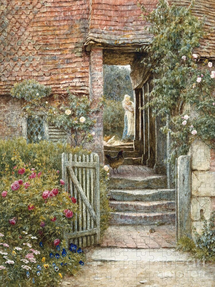 Cottage Jigsaw Puzzle featuring the painting Under the Old Malthouse, Hambledon, Surrey by Helen Allingham