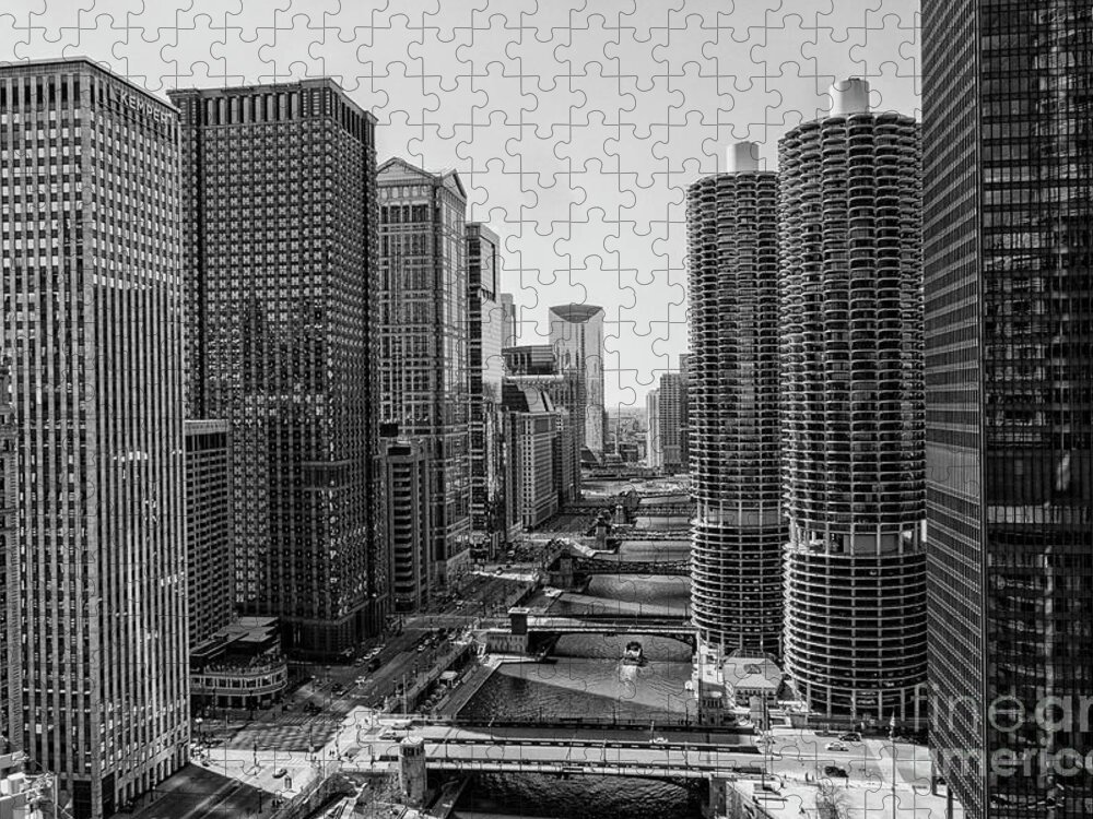 America Jigsaw Puzzle featuring the photograph View on Chicago bridges in black and white by Patricia Hofmeester