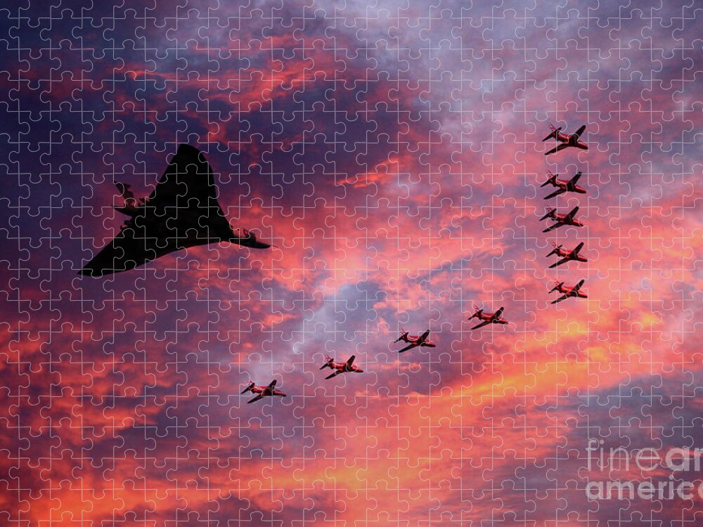 Avro Vulcan Bomber Xh558 Sunset Formation With The Red Arrows Jigsaw Puzzle featuring the digital art Vulcan XH558 and Red Arrows by Airpower Art