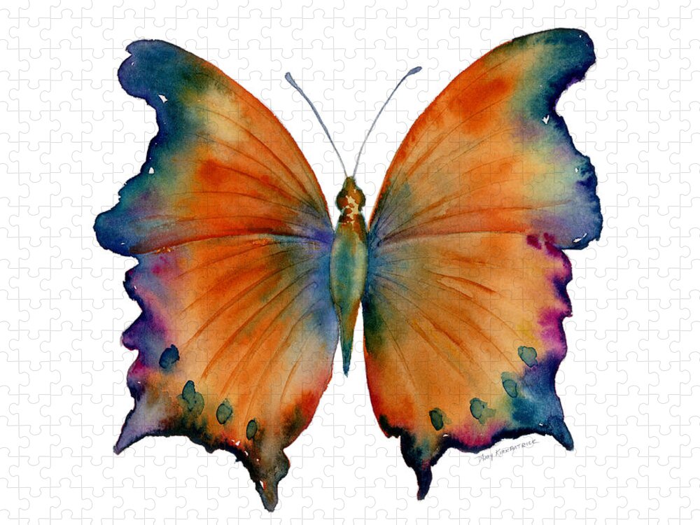 Wizard Butterfly Butterfly Butterflies Butterfly Print Butterfly Card Butterfly Cards Orange Orange And Blue Orange And Purple Orange Butterfly Nature Wings Winged Insect Nature Watercolor Butterflies Watercolor Butterfly Watercolor Moth Orange Butterfly Face Mask Jigsaw Puzzle featuring the painting 1 Wizard Butterfly by Amy Kirkpatrick