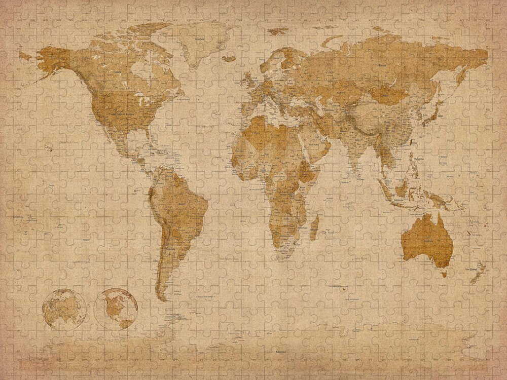 Map Jigsaw Puzzle featuring the digital art World Map Antique Style by Michael Tompsett