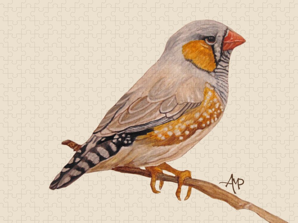 Zebra Finch Jigsaw Puzzle featuring the painting Zebra Finch by Angeles M Pomata