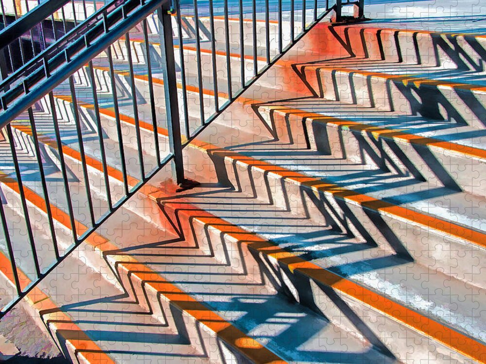 Repetition Jigsaw Puzzle featuring the photograph Zig Zag Shadows On Train Station Steps #1 by Gary Slawsky