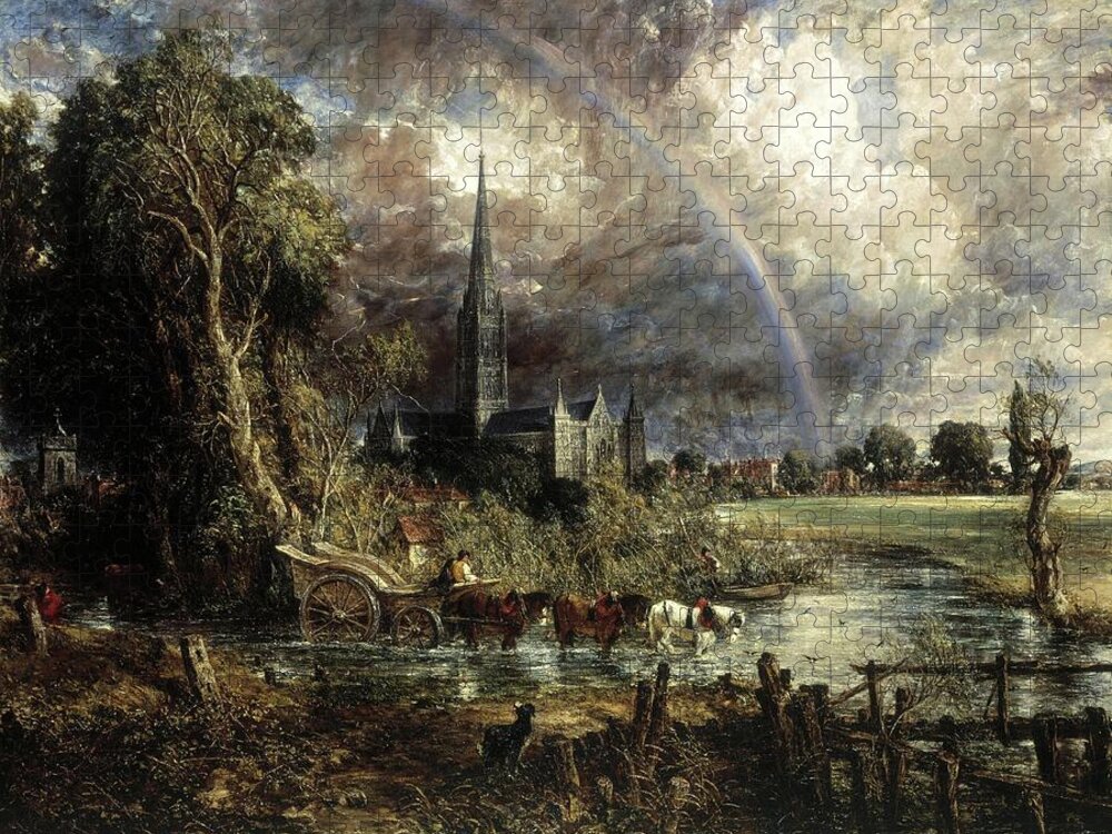 John Constable Jigsaw Puzzle featuring the painting Salisbury Cathedral From The Meadows by Troy Caperton