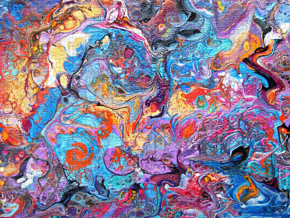  Delicious Soothing Sensual Flowing Rainbow Abstract Riotous Vibrant Colorful Fun Charming Dynamic Playful Inviting Compelling Modern Blue And Orange Dominate Jigsaw Puzzle featuring the painting #1709 Riotous rainbow #1709 by Priscilla Batzell Expressionist Art Studio Gallery