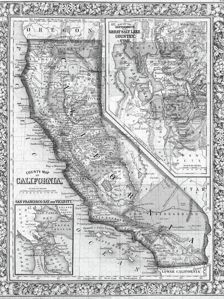 California Jigsaw Puzzle featuring the digital art 1800s California Historical Map Black and White by Toby McGuire