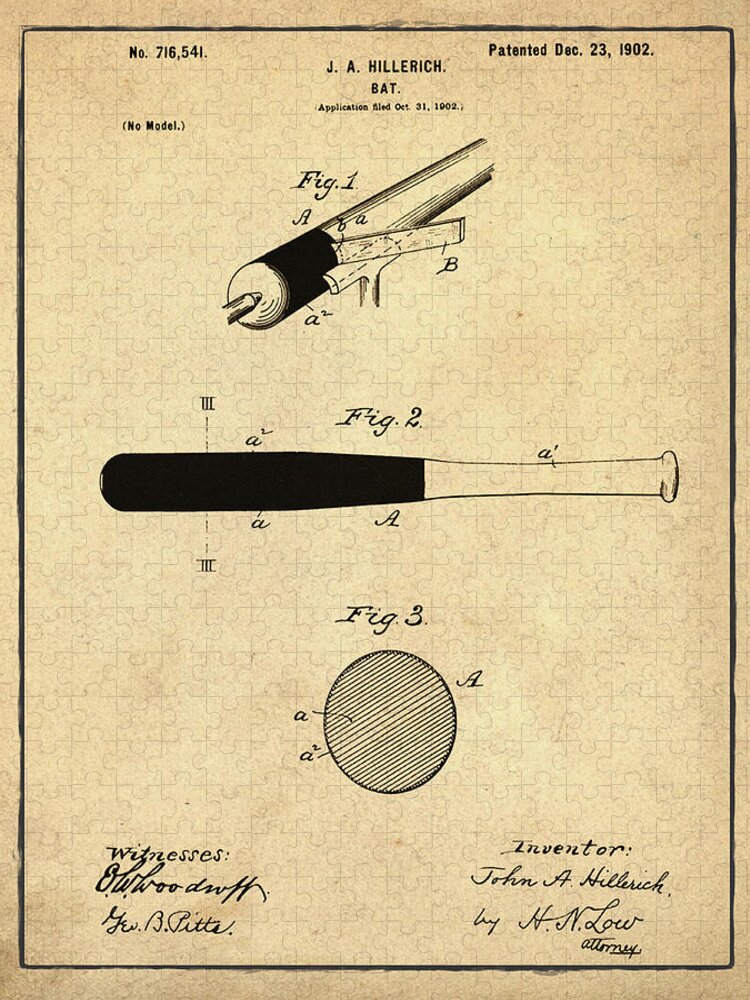 1902 Jigsaw Puzzle featuring the photograph 1902 Baseball Bat Patent in Sepia by Bill Cannon