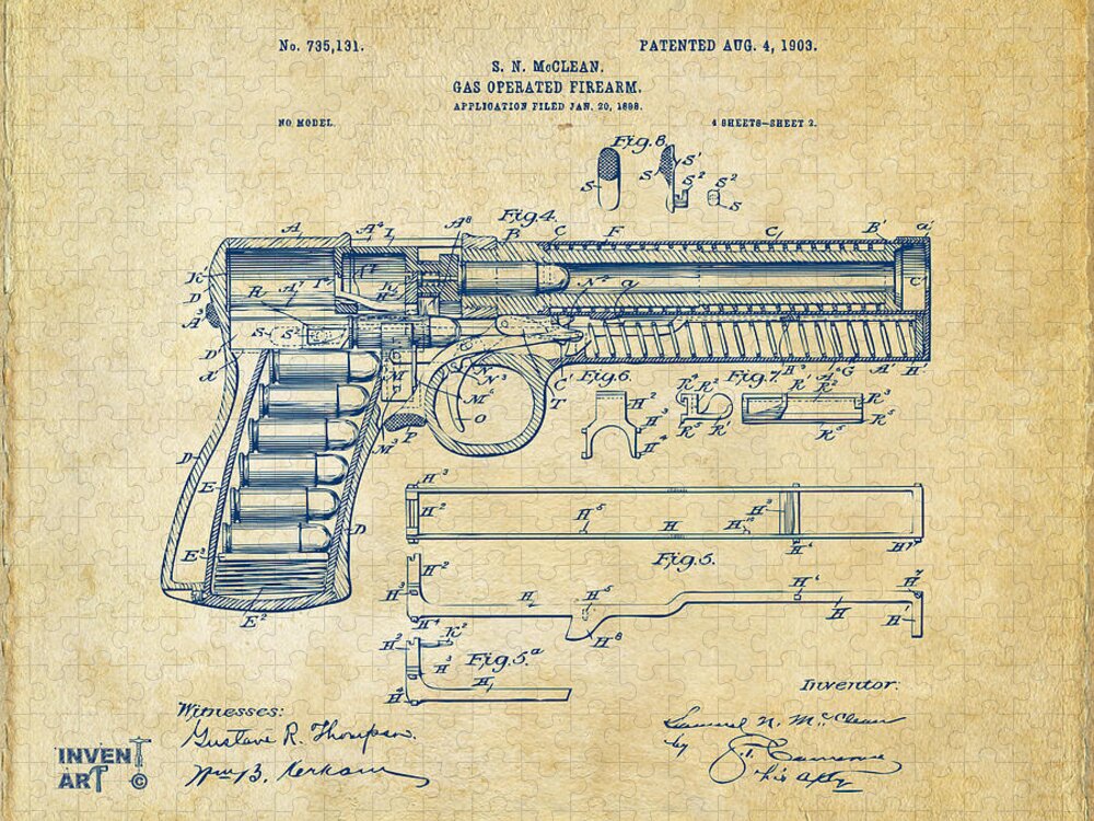 Gun Jigsaw Puzzle featuring the digital art 1903 McClean Pistol Patent Artwork - Vintage by Nikki Marie Smith