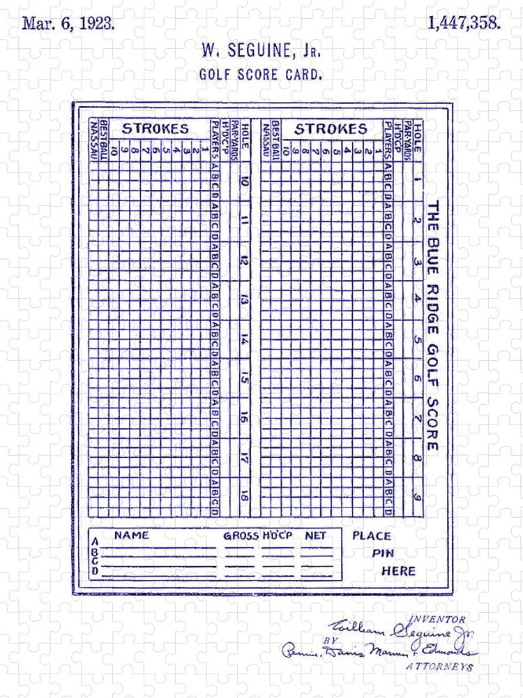 Golf Club Jigsaw Puzzle featuring the photograph 1923 Golf Score Card Patent Blueprint by Jon Neidert