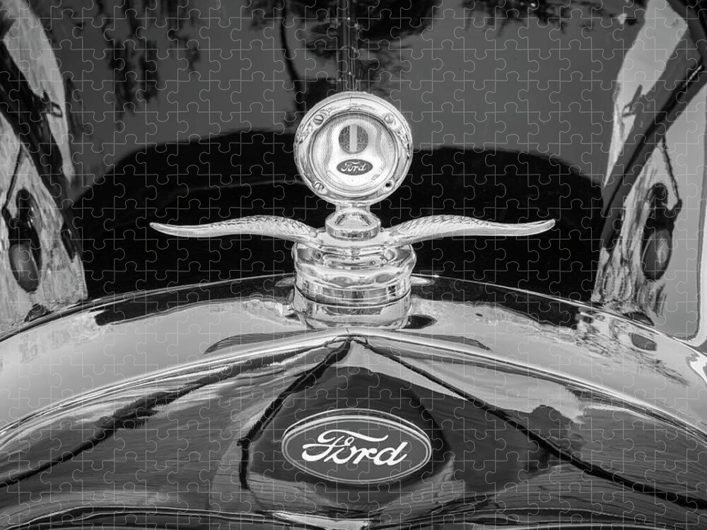 1929 Ford Model A Jigsaw Puzzle featuring the photograph 1929 Ford Model A Hood Ornament BW by Rich Franco