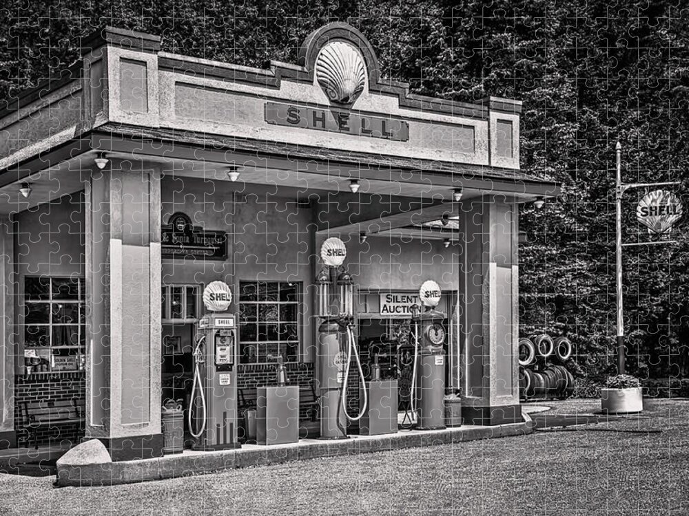 Antique Jigsaw Puzzle featuring the photograph 1930s Shell Gas Station BW by LeeAnn McLaneGoetz McLaneGoetzStudioLLCcom