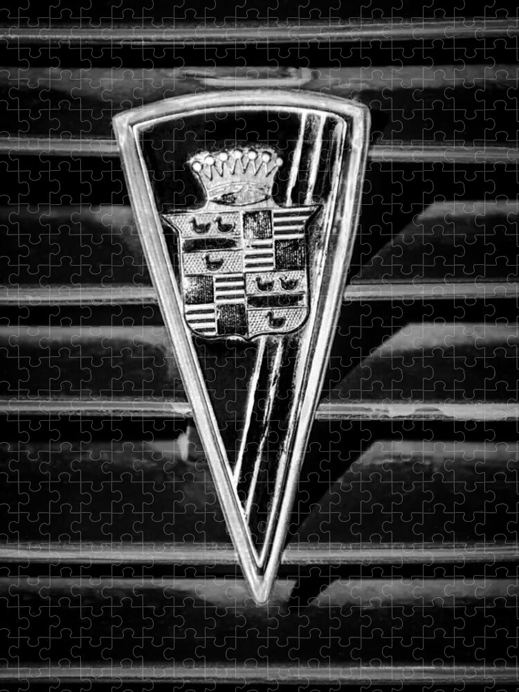 1936 Cadillac Fleetwood Emblem Jigsaw Puzzle featuring the photograph 1936 Cadillac Fleetwood Emblem -0451bw by Jill Reger