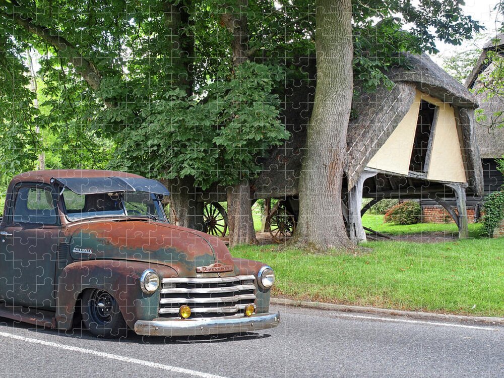 Chevrolet Truck Jigsaw Puzzle featuring the photograph 1950 Rusty Chevy Truck Outside Old Barn by Gill Billington