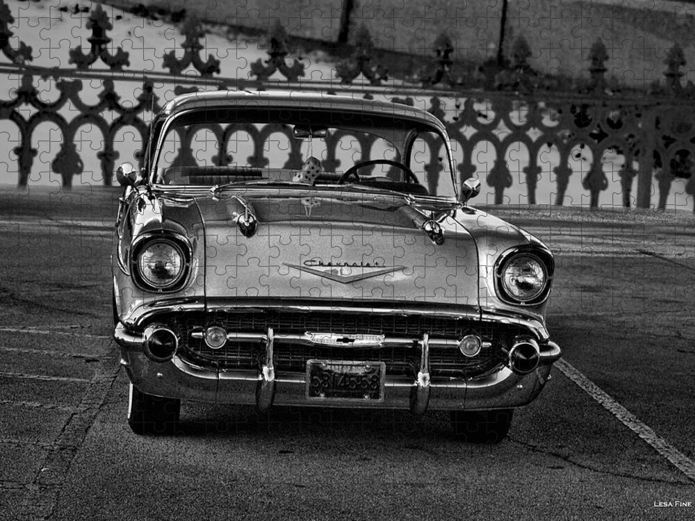 1957 Jigsaw Puzzle featuring the photograph 1957 Chevy at the Gate BW by Lesa Fine