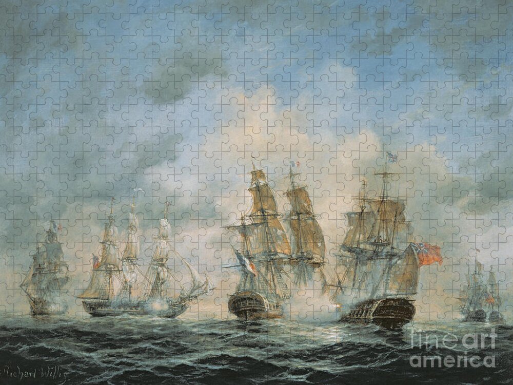 Seascape; Navel; Sea; Ship; Ships; Navel Engagement; Flag; Flags; Cloud; Clouds; Battle; Battling; Sailing; Sailing Ships Jigsaw Puzzle featuring the painting 19th Century Naval Engagement in Home Waters by Richard Willis