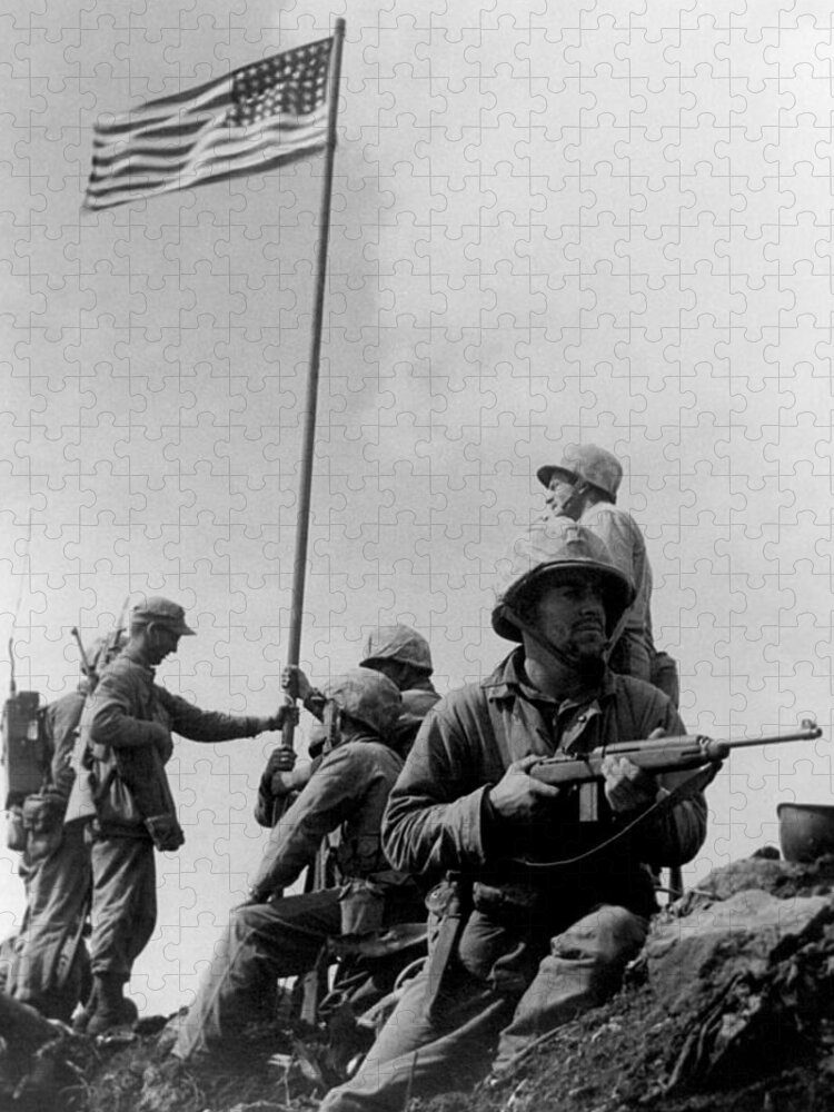 Iwo Jima Jigsaw Puzzle featuring the photograph 1st Flag Raising On Iwo Jima by War Is Hell Store
