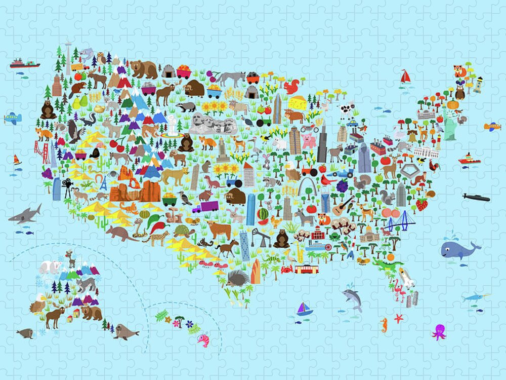 Usa Map Jigsaw Puzzle featuring the digital art Animal Map of United States for children and kids #2 by Michael Tompsett