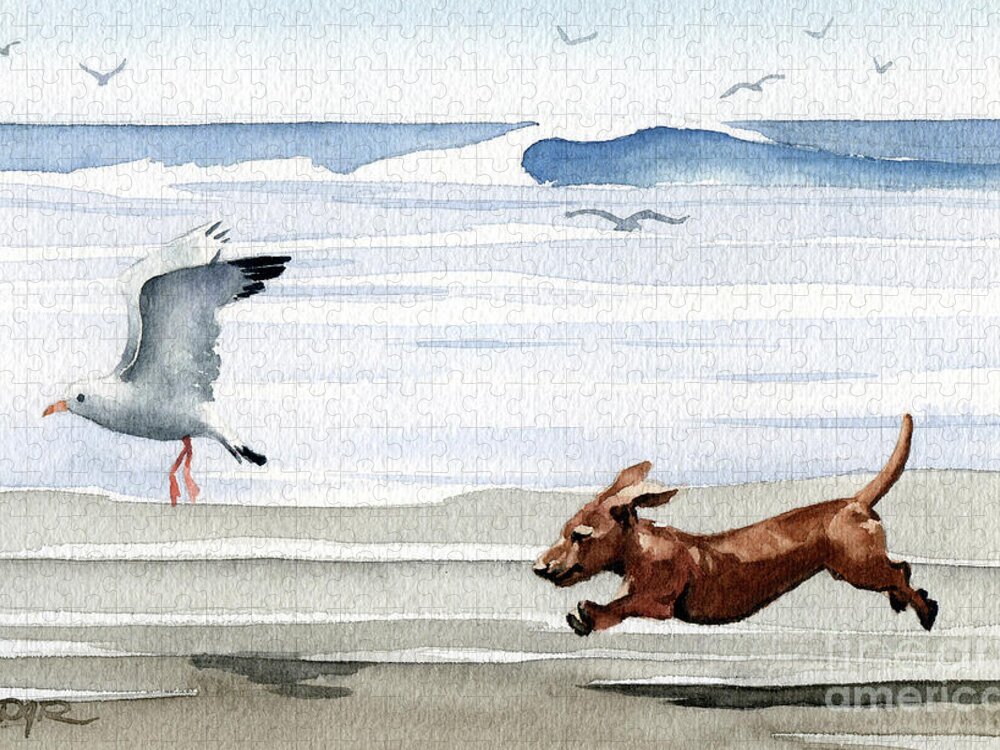 Dachshund Running Playing Seagull Beach Ocean Waves Shore Pet Dog Breed Canine Art Print Artwork Painting Watercolor Gift Gifts Picture Jigsaw Puzzle featuring the painting Dachshund at the Beach by David Rogers