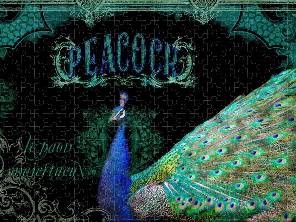 Regal Jigsaw Puzzle featuring the mixed media Elegant Peacock w Vintage Scrolls #1 by Audrey Jeanne Roberts