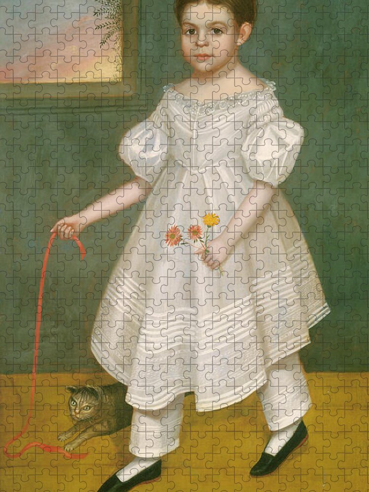 Joseph Goodhue Chandler Jigsaw Puzzle featuring the painting Girl with Kitten #2 by Joseph Goodhue Chandler