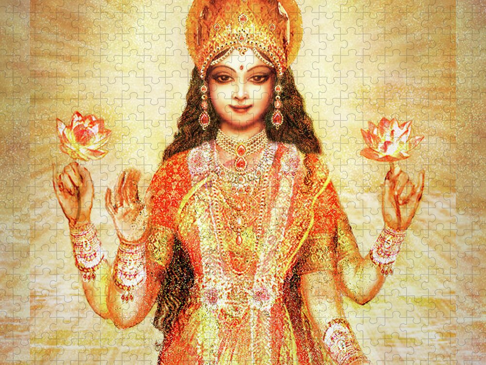 Lakshmi Jigsaw Puzzle featuring the mixed media Lakshmi the Goddess of Fortune and Abundance #2 by Ananda Vdovic
