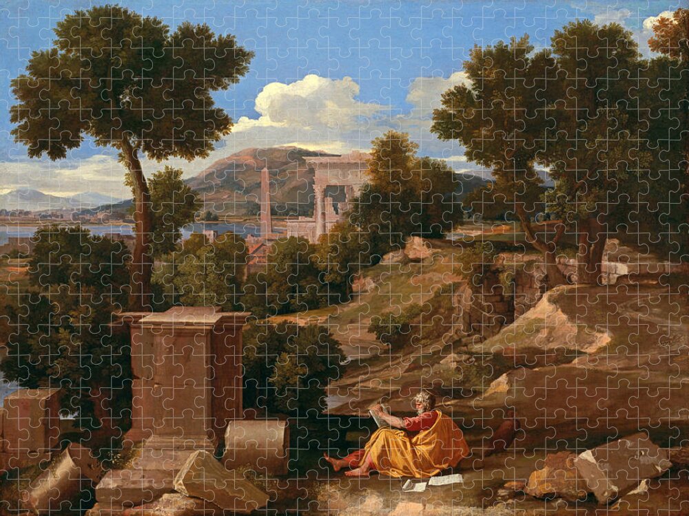 Nicolas Poussin Jigsaw Puzzle featuring the painting Landscape with Saint John on Patmos #2 by Nicolas Poussin