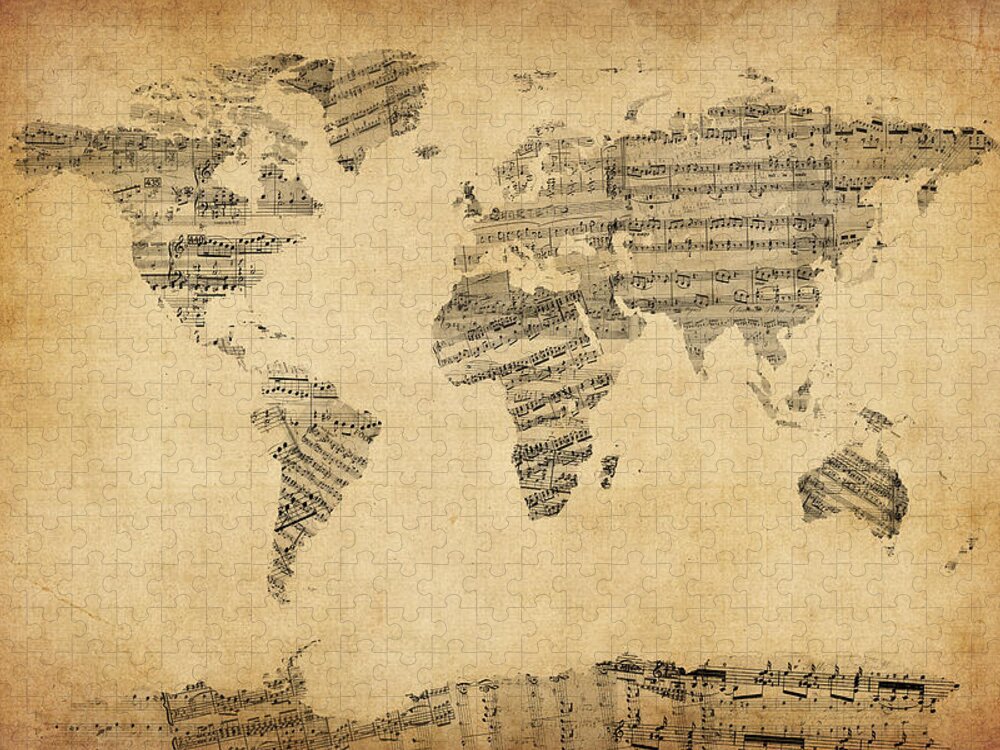 World Map Jigsaw Puzzle featuring the digital art Map of the World Map from Old Sheet Music by Michael Tompsett