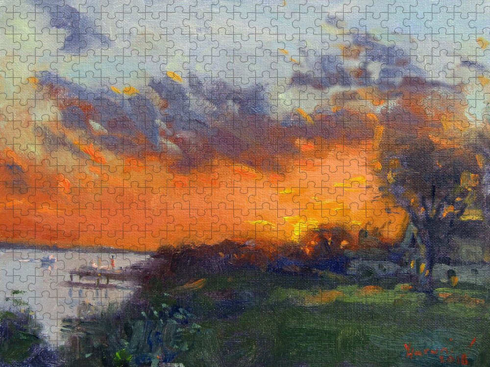 Sonset Jigsaw Puzzle featuring the painting Sunset at Gratwick Waterfront Park #2 by Ylli Haruni