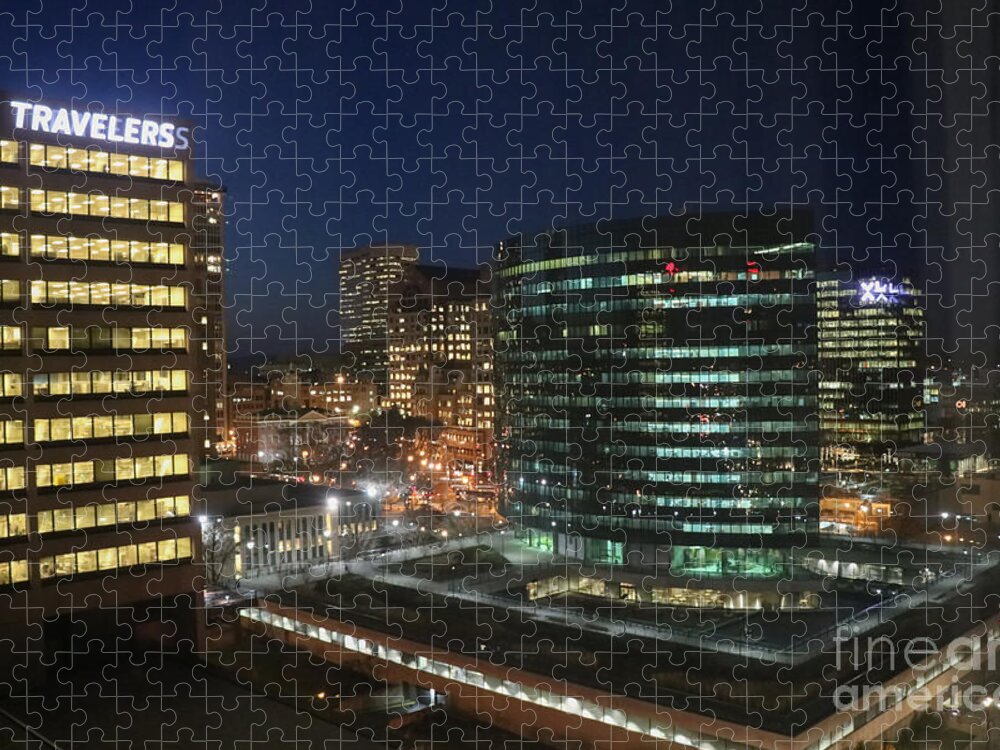 Architecture Jigsaw Puzzle featuring the photograph Travelers Insurance Company at Night #2 by Thomas Marchessault