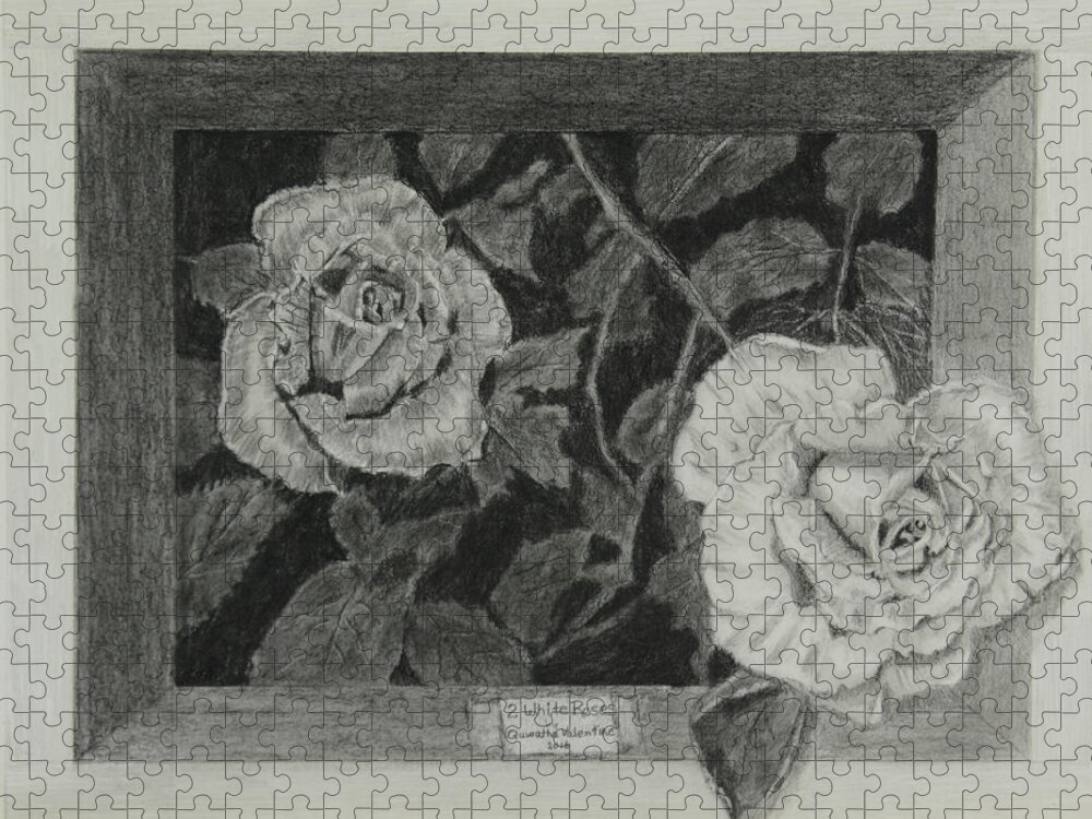 Rose Jigsaw Puzzle featuring the drawing 2 White Roses by Quwatha Valentine